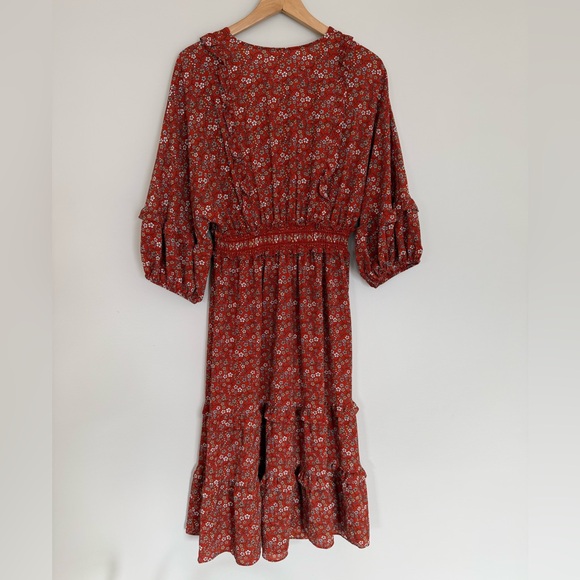 Max Studio 3/4 Sleeve Ruffle Tiered Bubble Crepe Red Floral Midi Dress Size L - Picture 3 of 3